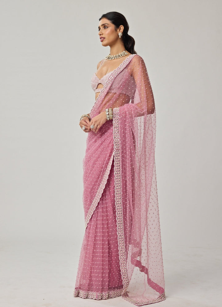 Pink Pearl Scattered Soft Net Saree Set Vvani by Vani Vats - Fabilicious Fashion