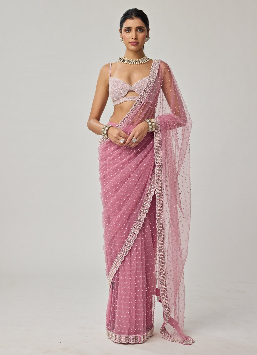 Pink Pearl Scattered Soft Net Saree Set Vvani by Vani Vats - Fabilicious Fashion