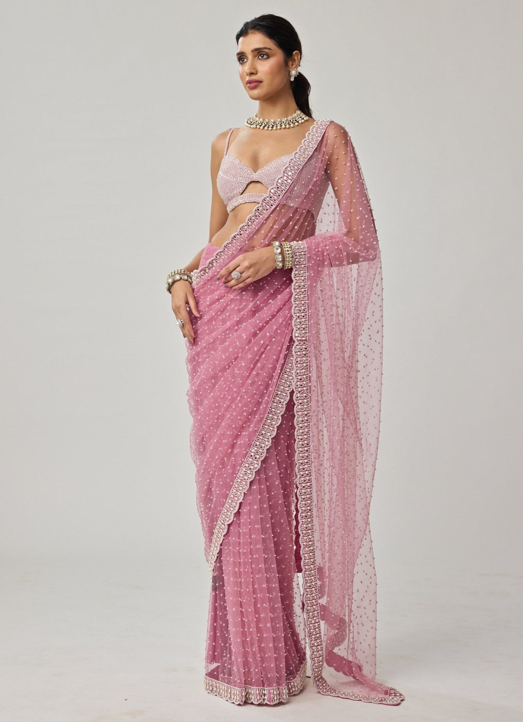 Pink Pearl Scattered Soft Net Saree Set Vvani by Vani Vats - Fabilicious Fashion