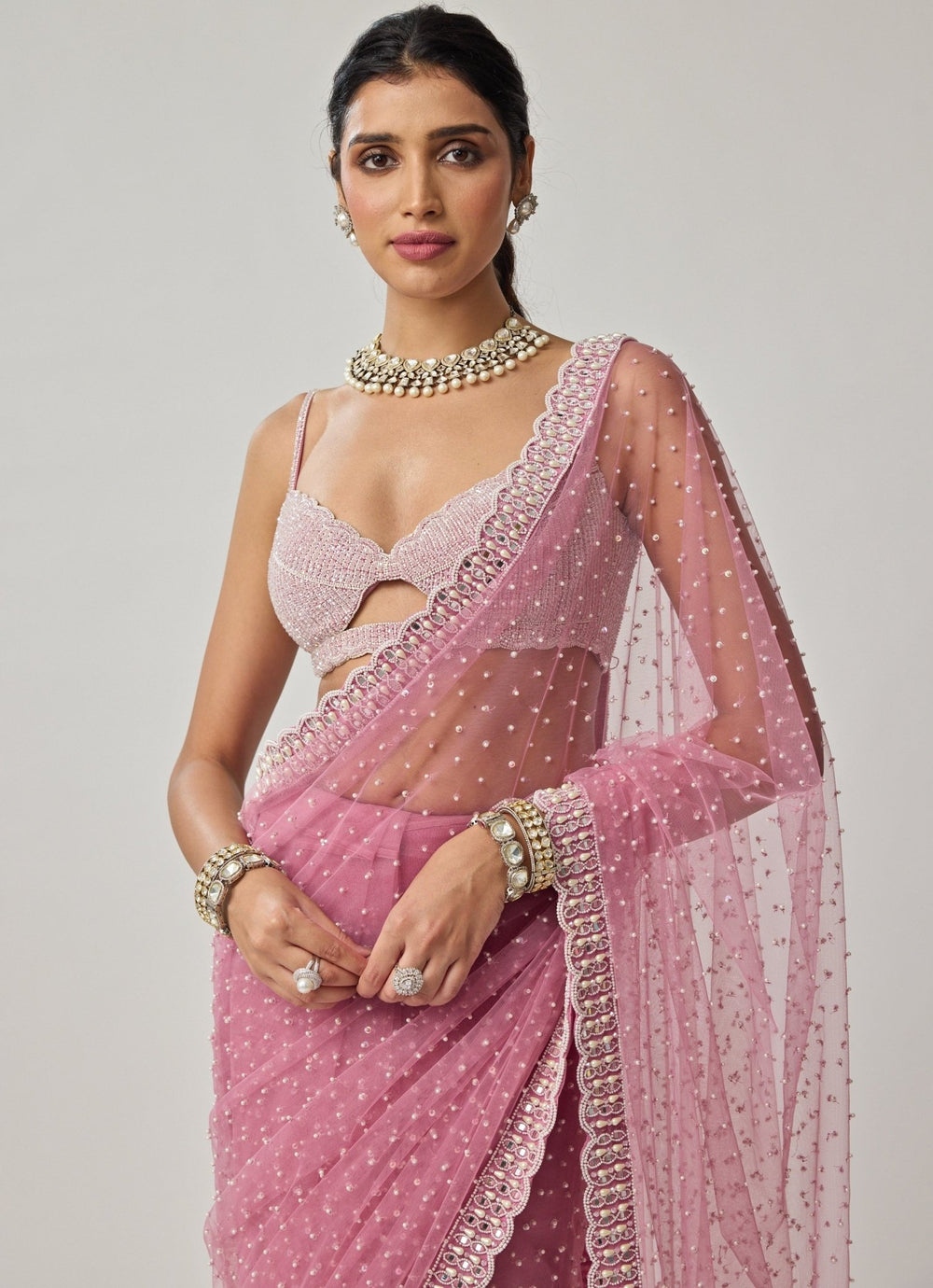Pink Pearl Scattered Soft Net Saree Set Vvani by Vani Vats - Fabilicious Fashion