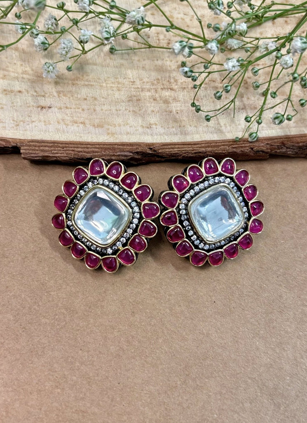 Naymee Pink Polki Stud EarringsFabilicious Fashion