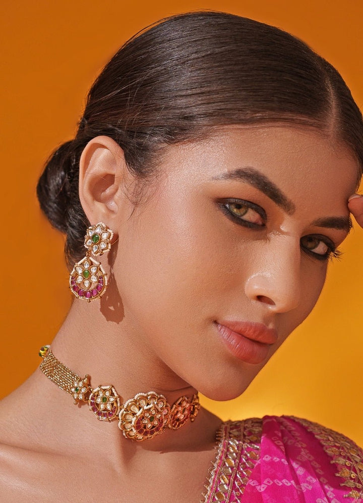 Pink Polki Temple Motifs Gold Choker Set Zevar by Geeta - Fabilicious Fashion