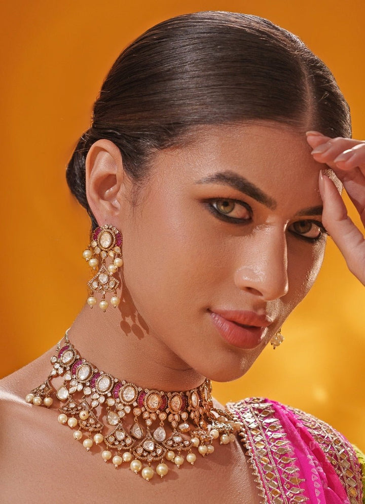 Pink Polki Two Tone Necklace Set Zevar by Geeta - Fabilicious Fashion