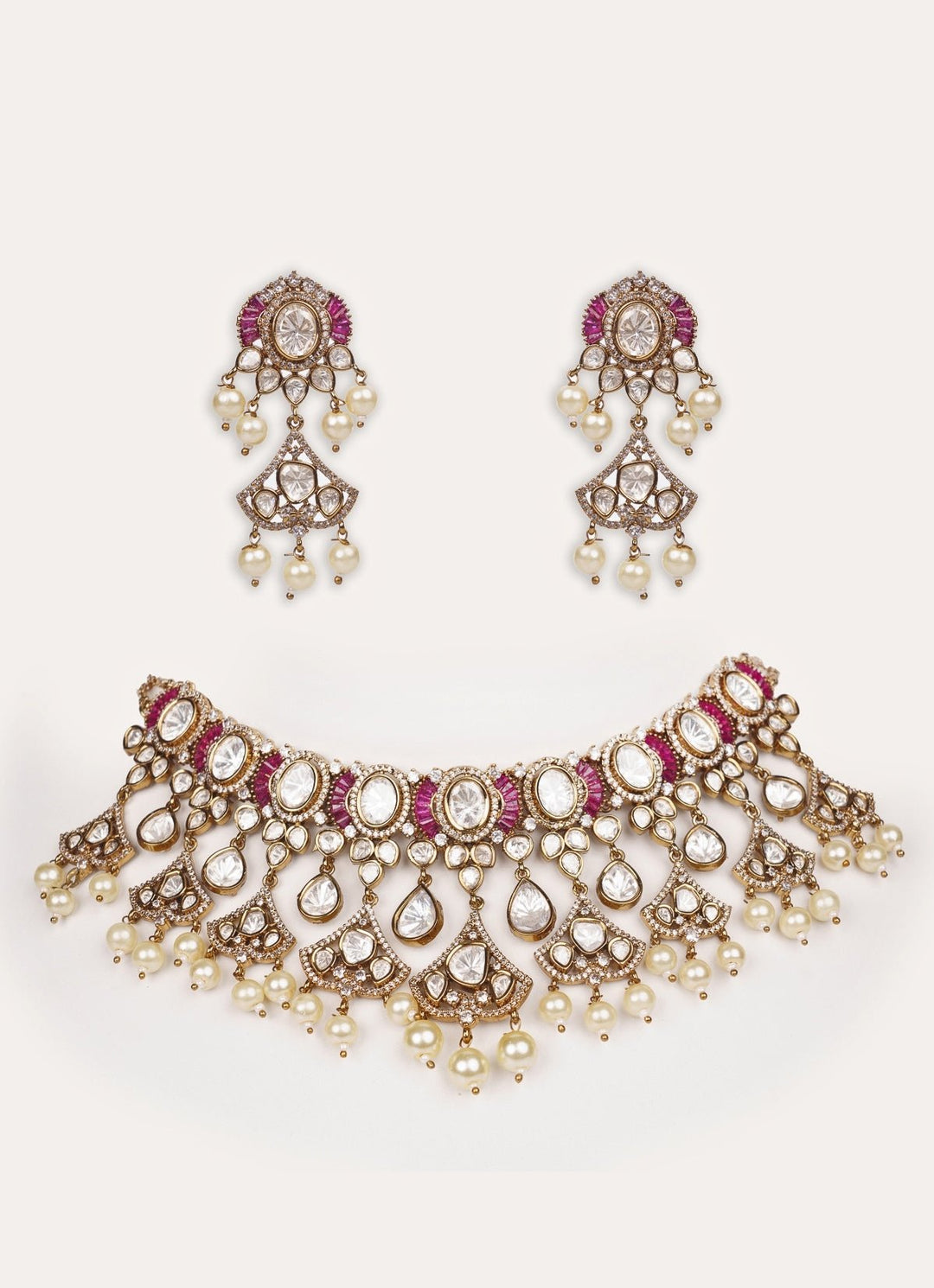 Pink Polki Two Tone Necklace Set Zevar by Geeta - Fabilicious Fashion