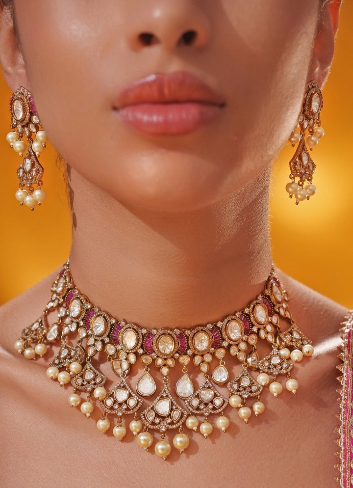 Pink Polki Two Tone Necklace Set Zevar by Geeta - Fabilicious Fashion