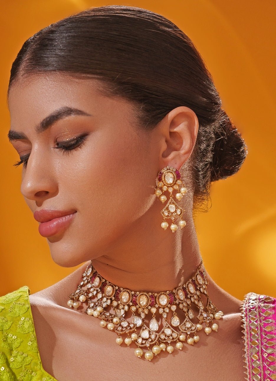 Pink Polki Two Tone Necklace Set Zevar by Geeta - Fabilicious Fashion