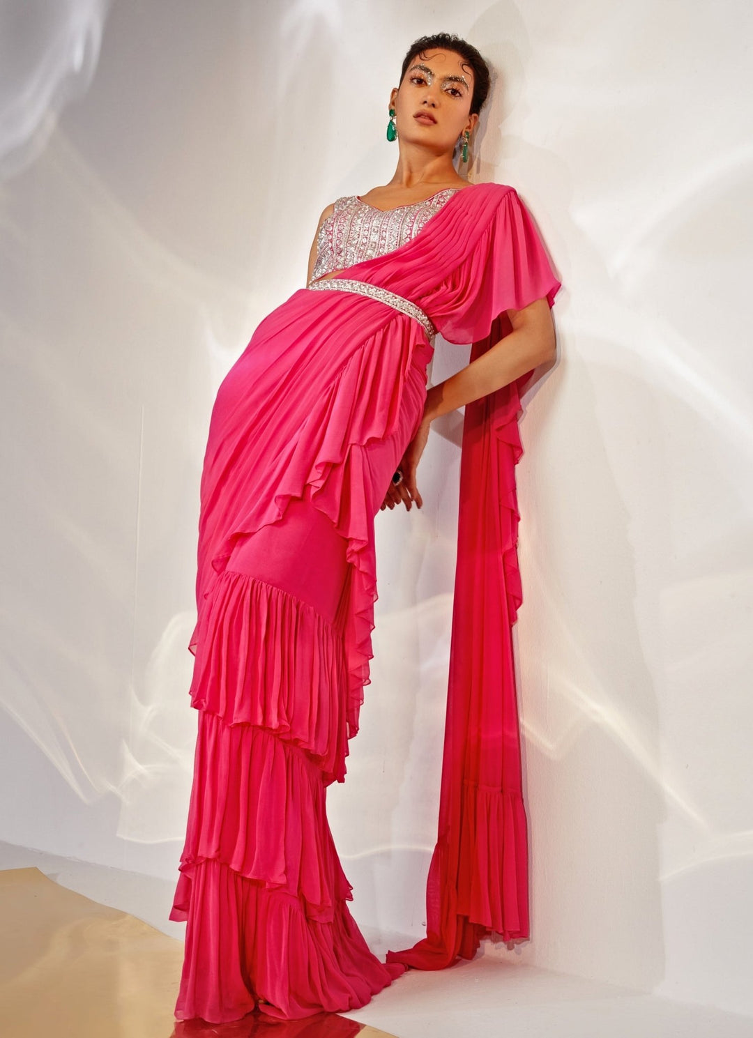 Pink Pre - Draped Georgette Saree Set Akara - Fabilicious Fashion