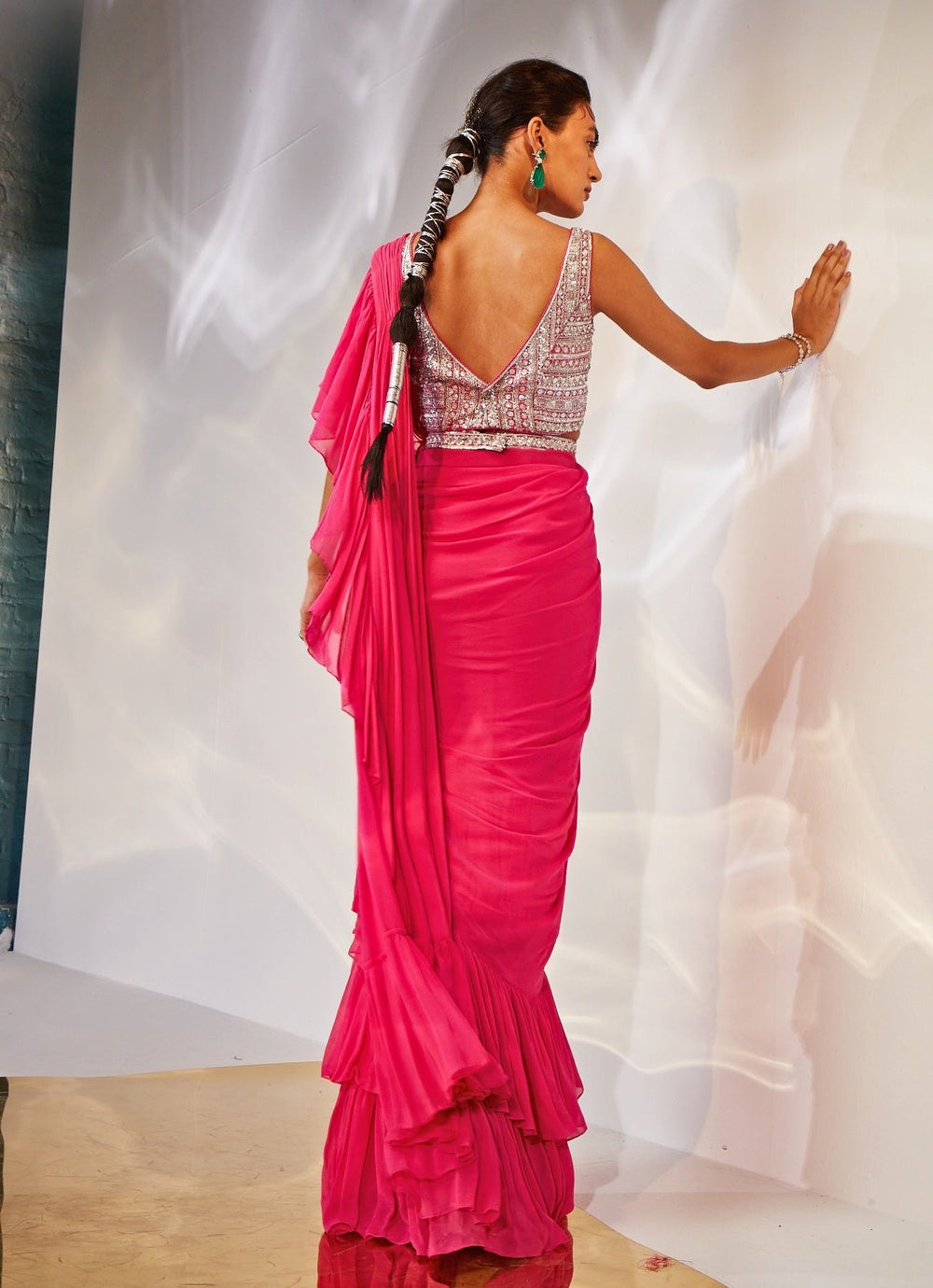 Pink Pre - Draped Georgette Saree Set Akara - Fabilicious Fashion