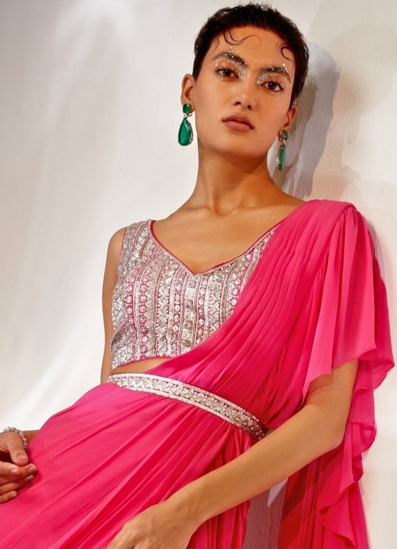 Pink Pre - Draped Georgette Saree Set Akara - Fabilicious Fashion