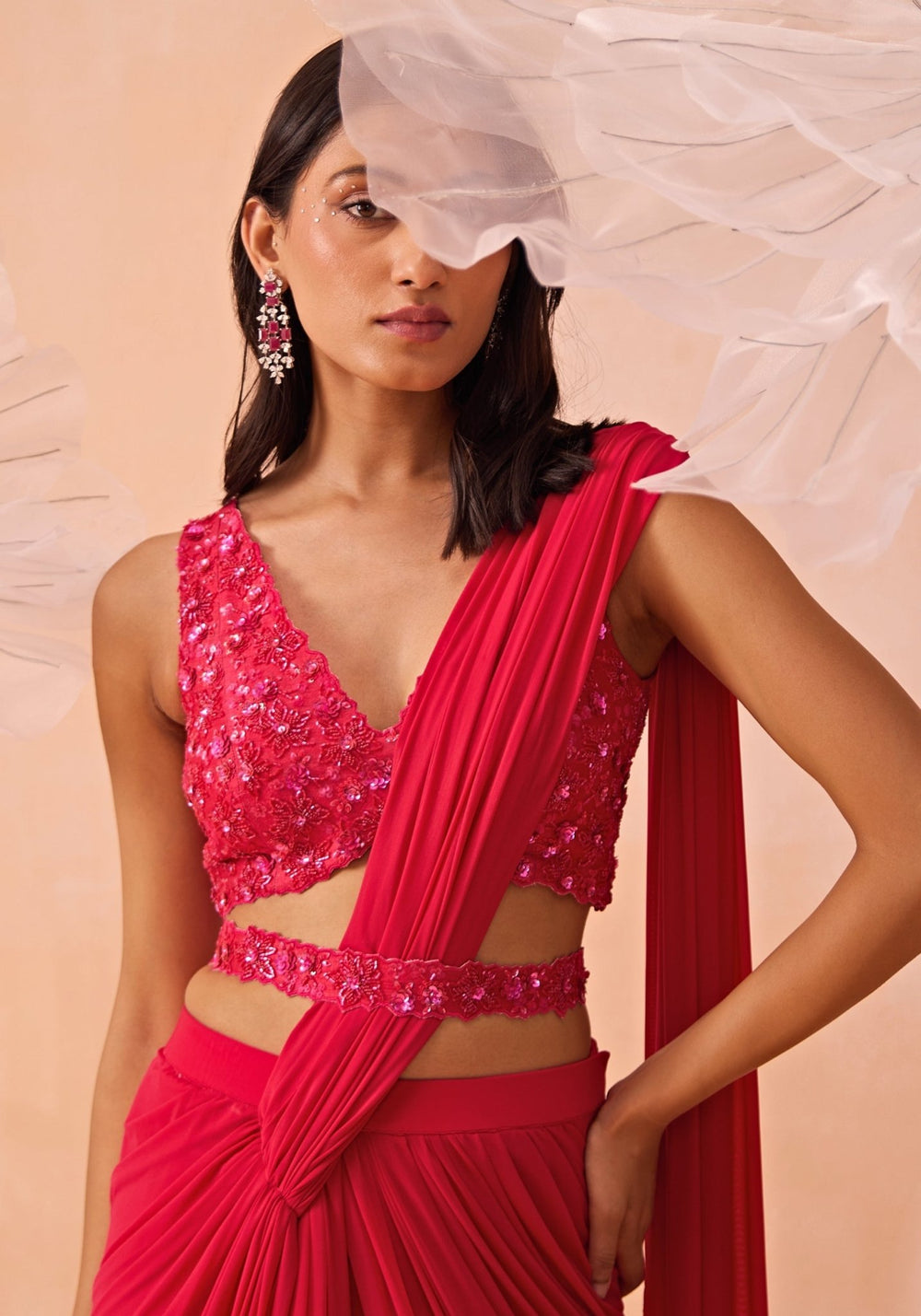Pink Pre - Draped Saree Set With Belt Parul Gandhi - Fabilicious Fashion