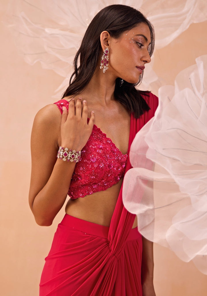 Pink Pre - Draped Saree Set With Belt Parul Gandhi - Fabilicious Fashion