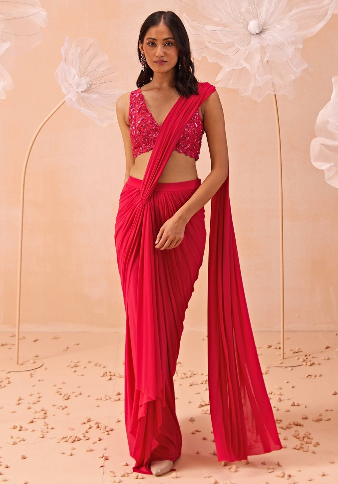 Pink Pre - Draped Saree Set With Belt Parul Gandhi - Fabilicious Fashion