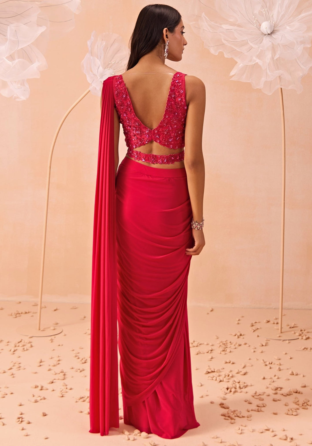 Pink Pre - Draped Saree Set With Belt Parul Gandhi - Fabilicious Fashion