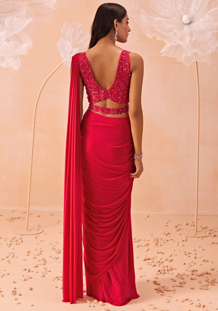 Pink Pre - Draped Saree Set With Belt Parul Gandhi - Fabilicious Fashion