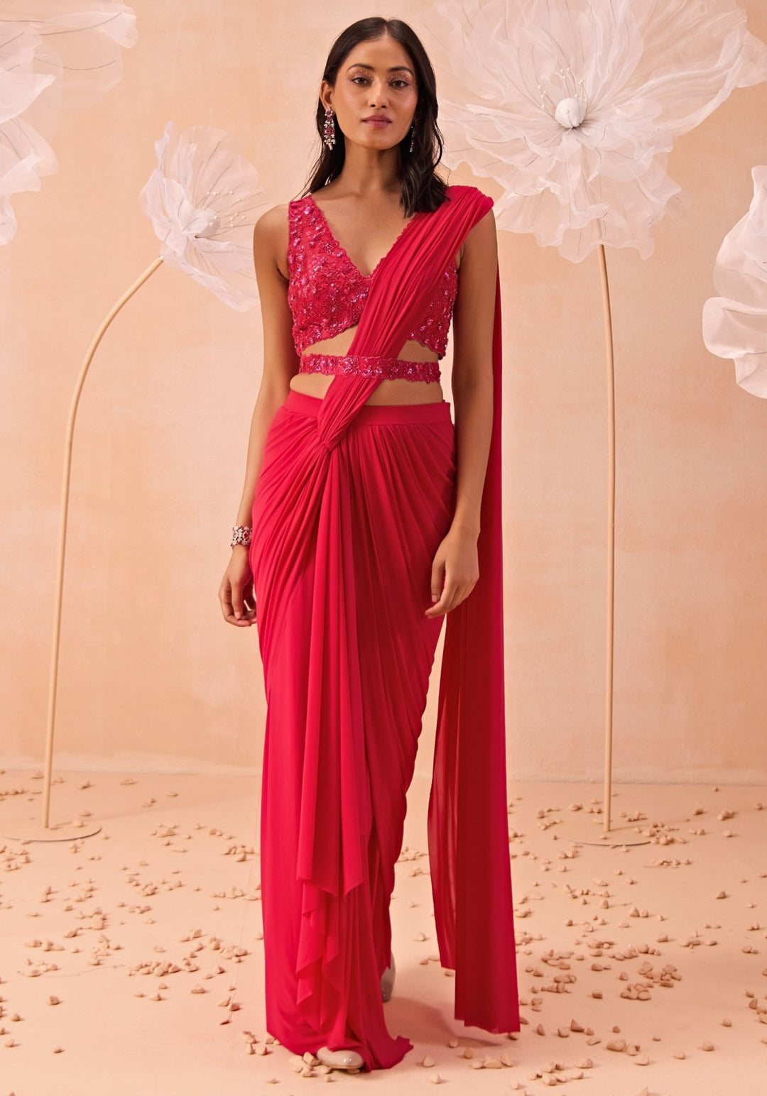 Pink Pre - Draped Saree Set With Belt Parul Gandhi - Fabilicious Fashion