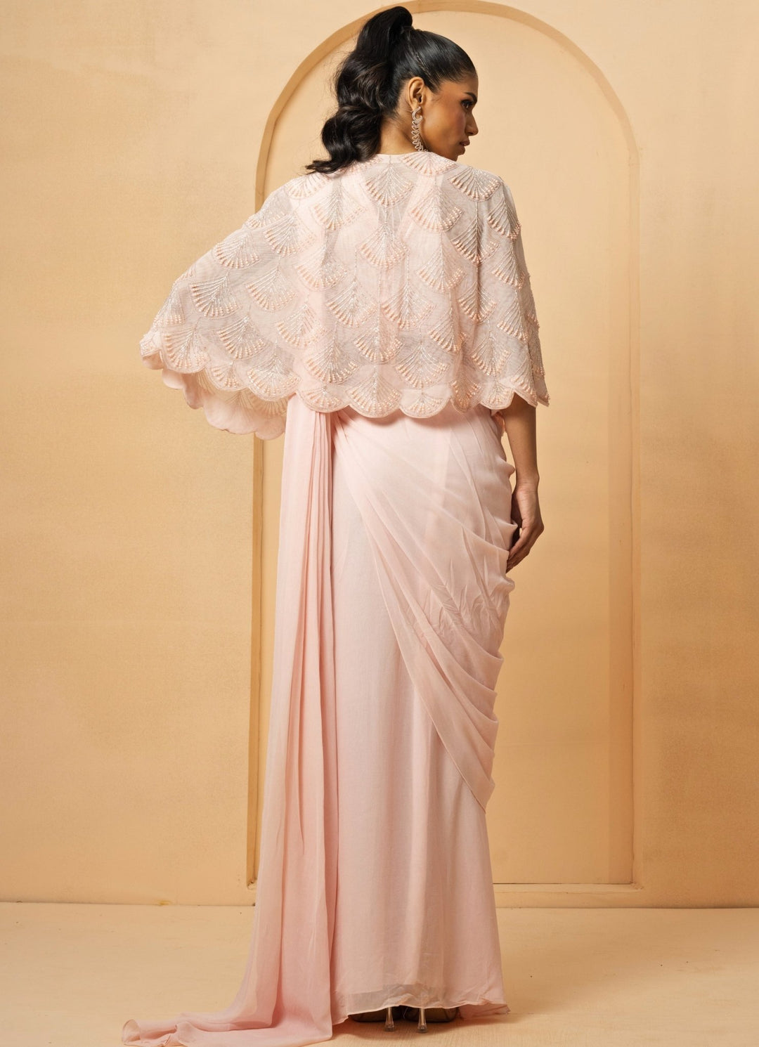 Pink Pre - Stitched and Drape Georgette Saree with Cape Quench A Thirst - Fabilicious Fashion