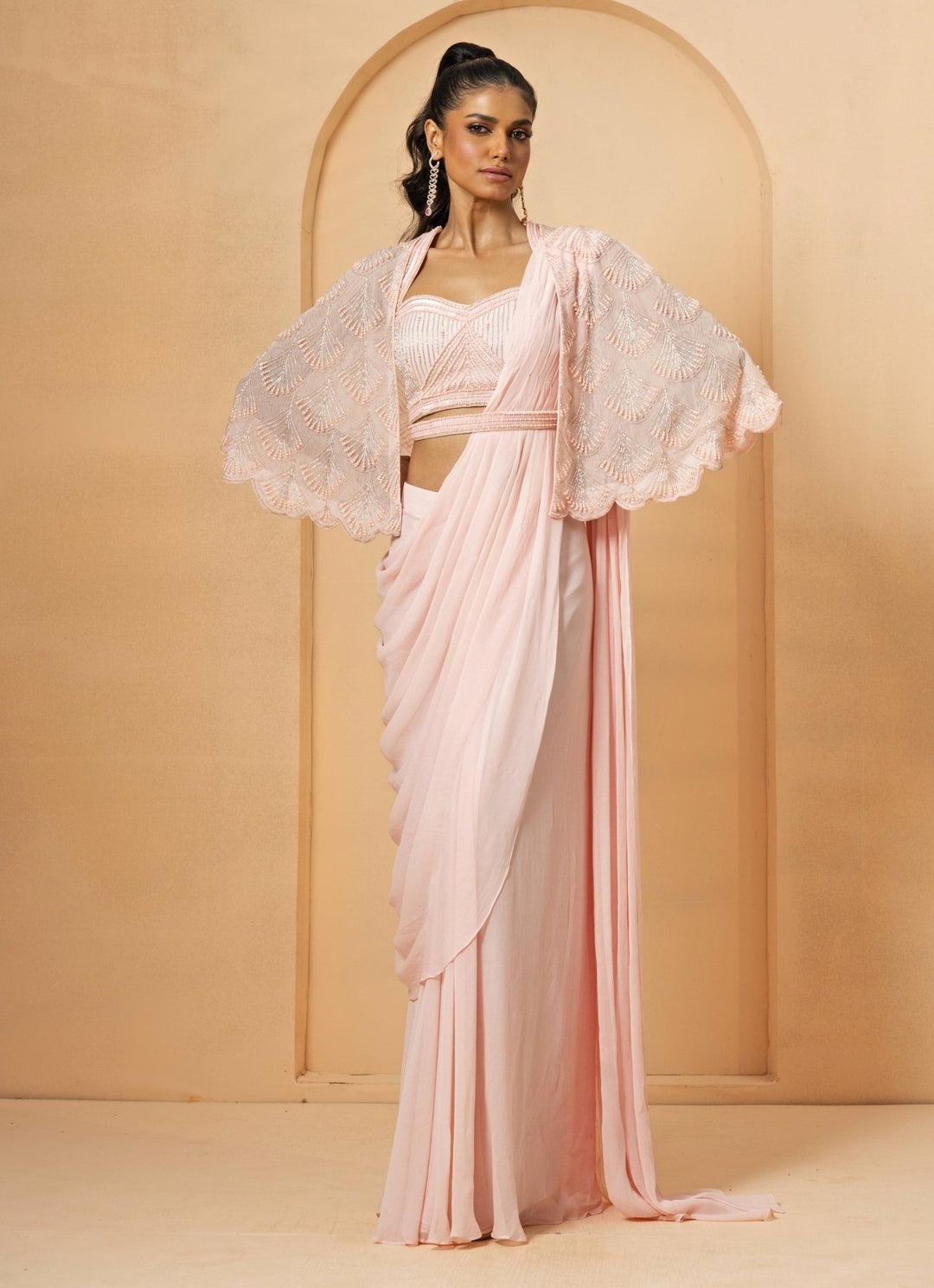 Pink Pre - Stitched and Drape Georgette Saree with Cape Quench A Thirst - Fabilicious Fashion