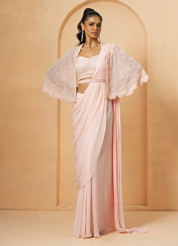 Pink Pre - Stitched and Drape Georgette Saree with Cape Quench A Thirst - Fabilicious Fashion