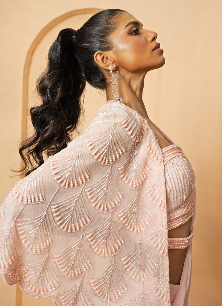 Pink Pre - Stitched and Drape Georgette Saree with Cape Quench A Thirst - Fabilicious Fashion