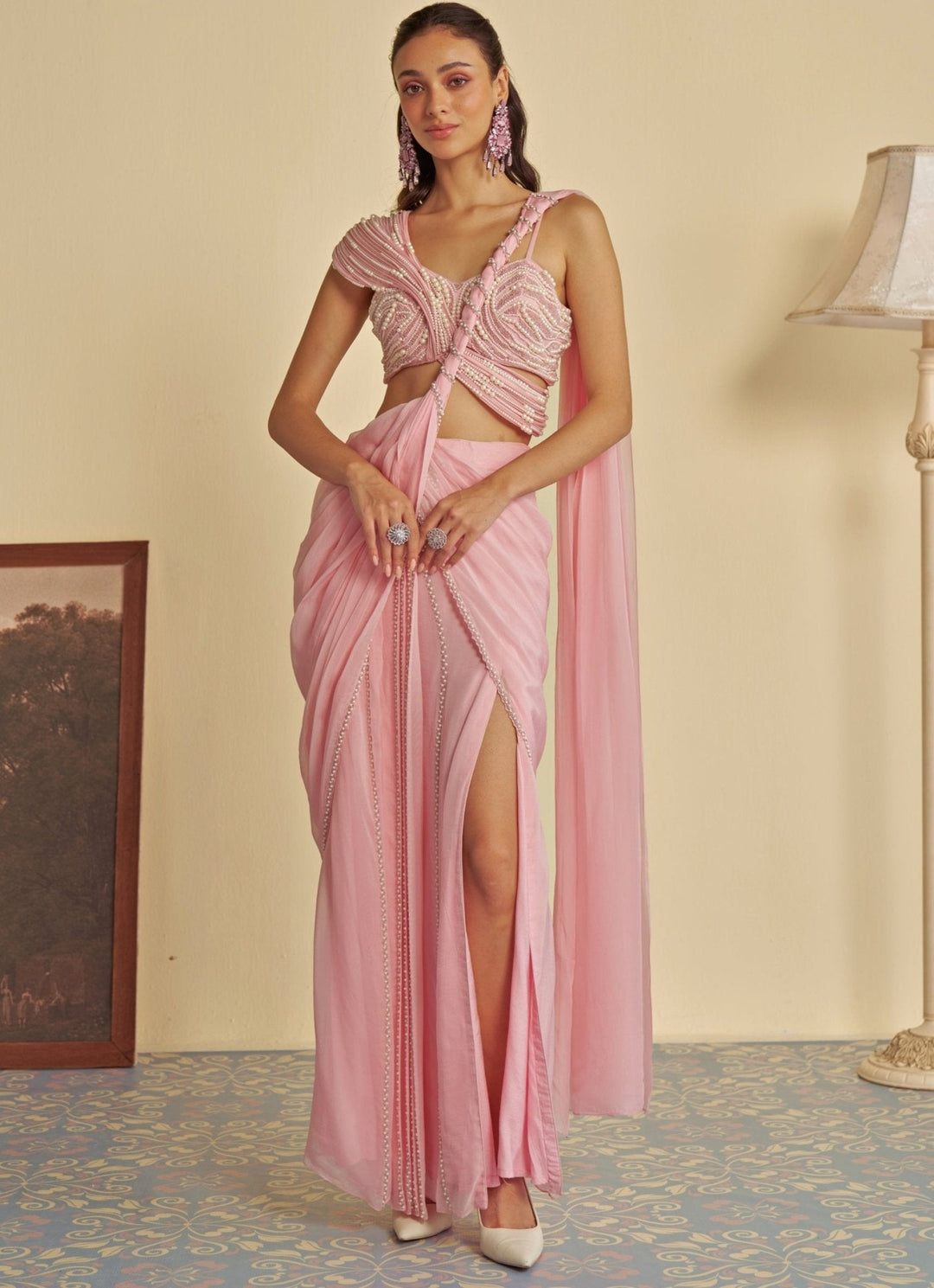 Pink Predraped Slit Saree Jade by Ashima - Fabilicious Fashion