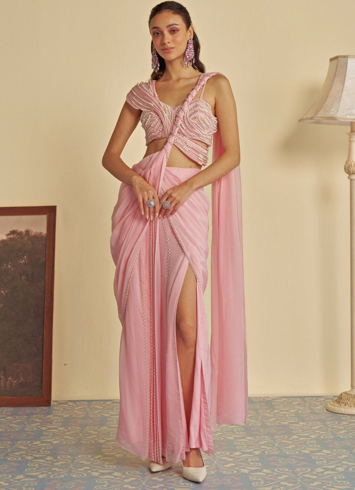 Pink Predraped Slit Saree Jade by Ashima - Fabilicious Fashion