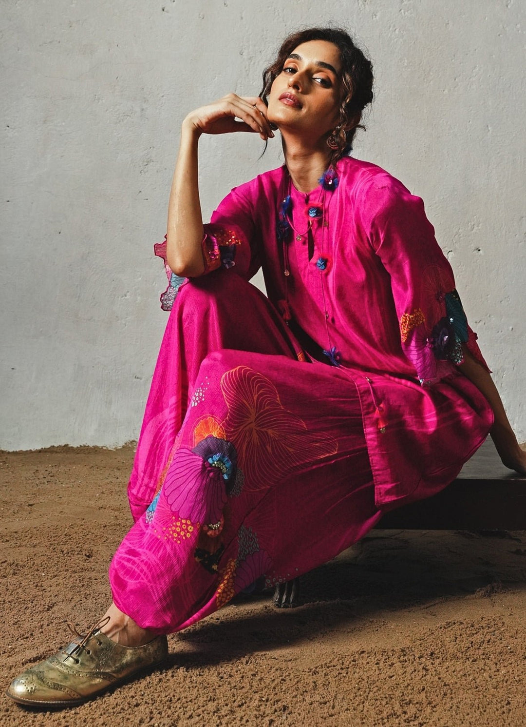 Pink Printed Chiffon Co - Ord Set Basil Leaf - Fabilicious Fashion