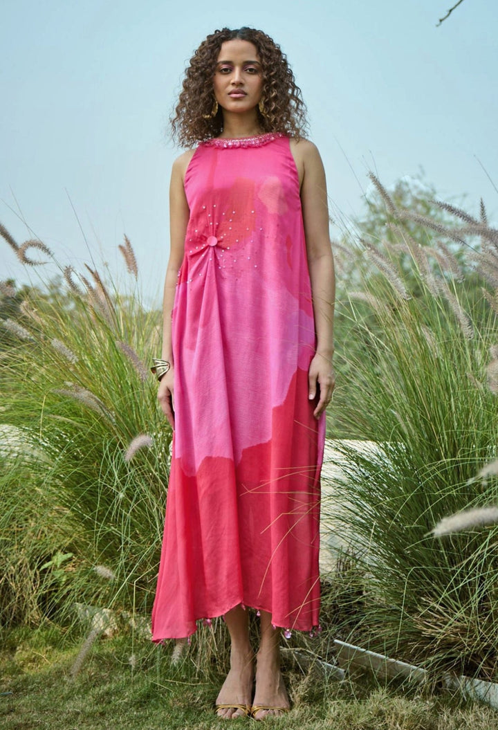 Pink Printed Chiffon Dress Basil Leaf - Fabilicious Fashion