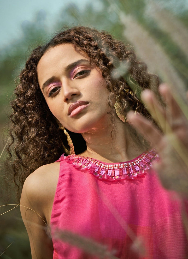 Pink Printed Chiffon Dress Basil Leaf - Fabilicious Fashion
