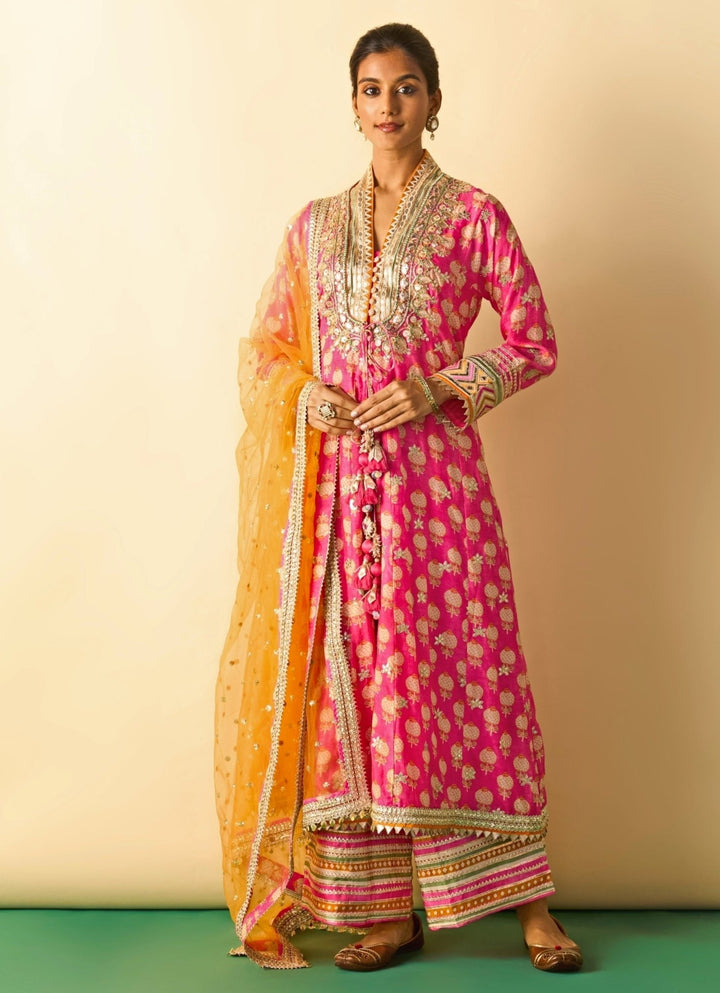 Gopi Vaid Pink Printed Cotton Silk Anarkali Palazzo Set With Orange DupattaFabilicious Fashion