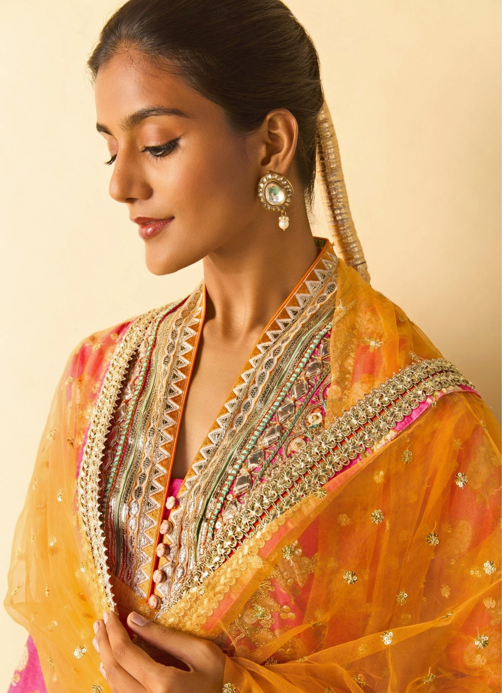 Gopi Vaid Pink Printed Cotton Silk Anarkali Palazzo Set With Orange DupattaFabilicious Fashion