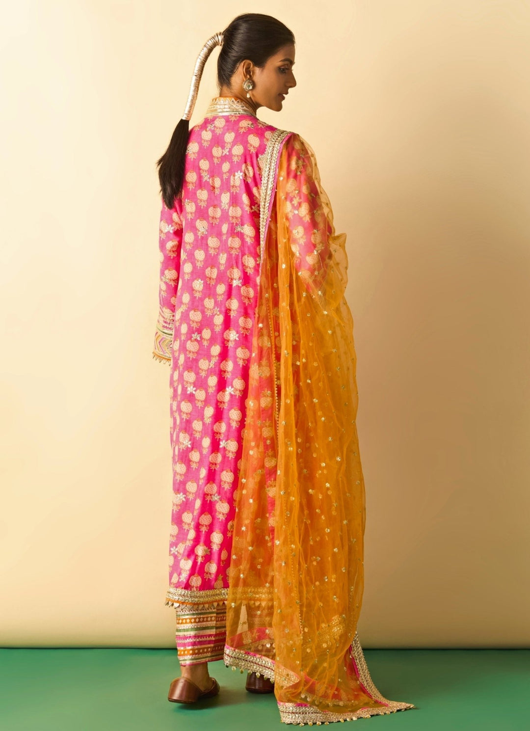 Gopi Vaid Pink Printed Cotton Silk Anarkali Palazzo Set With Orange DupattaFabilicious Fashion