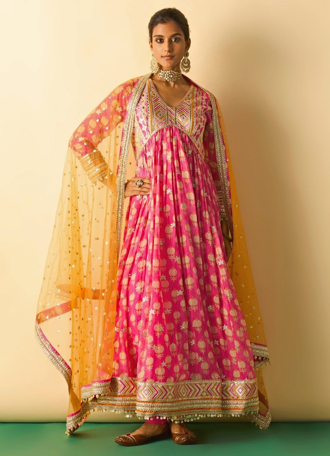 Gopi Vaid Pink Printed Cotton Silk Anarkali Set With Orange DupattaFabilicious Fashion