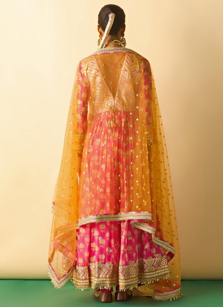 Gopi Vaid Pink Printed Cotton Silk Anarkali Set With Orange DupattaFabilicious Fashion