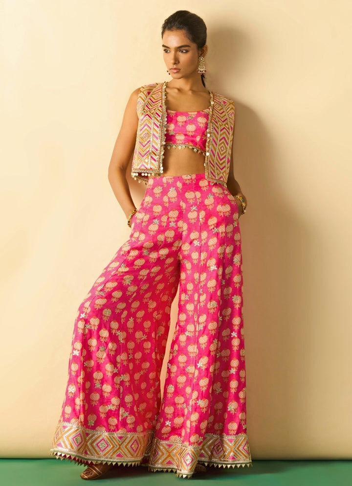 Gopi Vaid Pink Printed Cotton Silk Blouse Sharara Set With JacketFabilicious Fashion