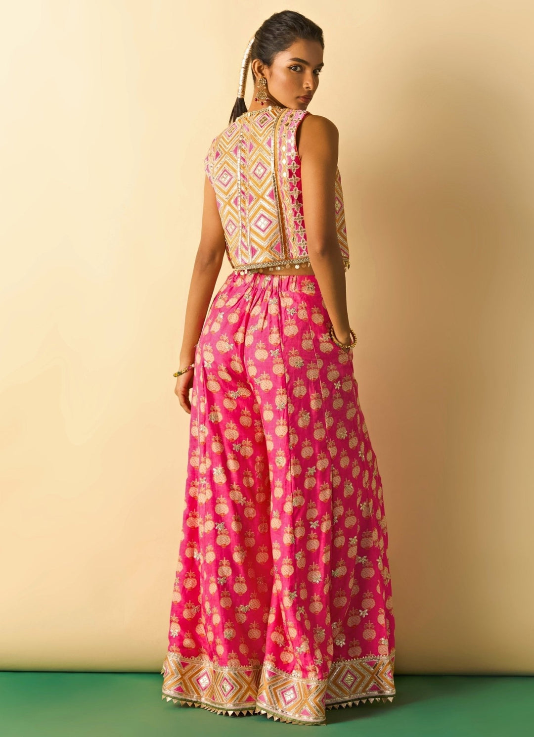 Gopi Vaid Pink Printed Cotton Silk Blouse Sharara Set With JacketFabilicious Fashion