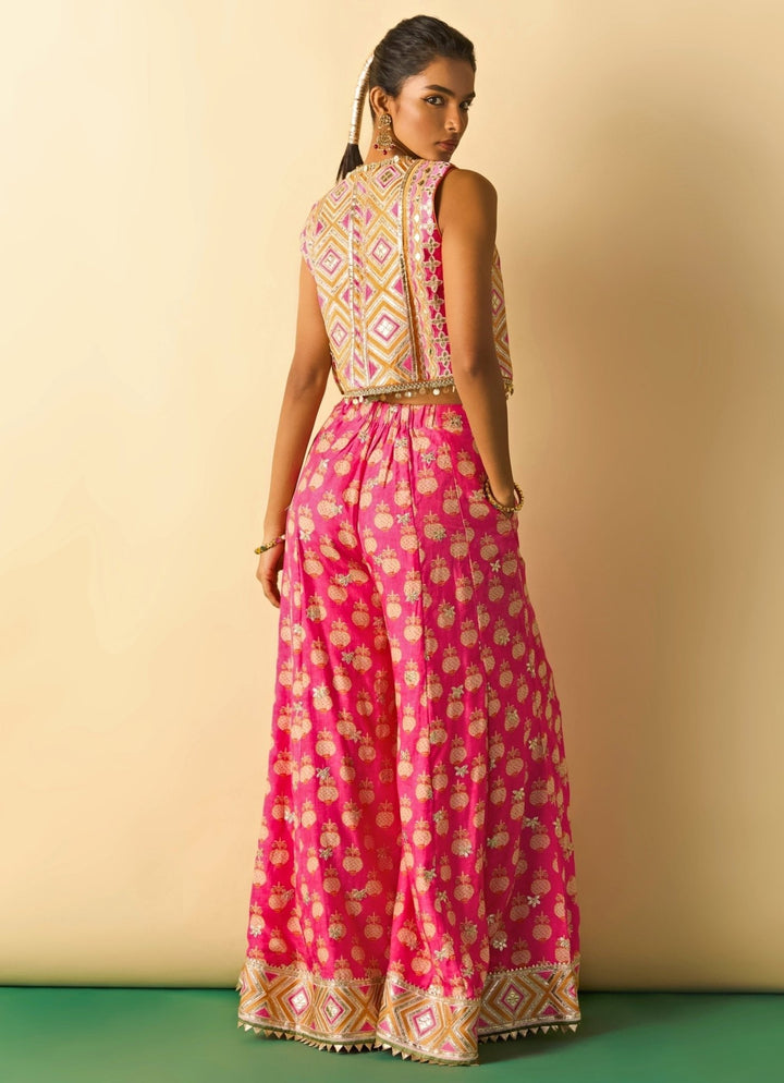 Gopi Vaid Pink Printed Cotton Silk Blouse Sharara Set With JacketFabilicious Fashion