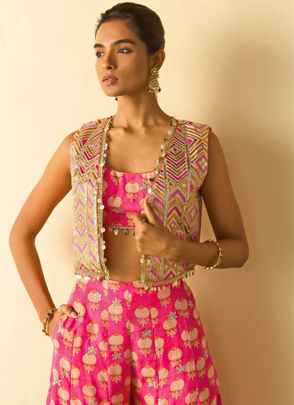 Gopi Vaid Pink Printed Cotton Silk Blouse Sharara Set With JacketFabilicious Fashion