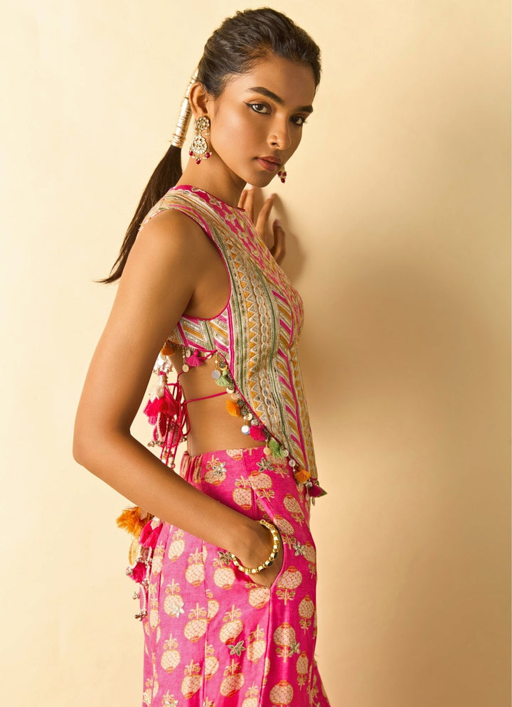 Gopi Vaid Pink Printed Cotton Silk Corset Pants SetFabilicious Fashion