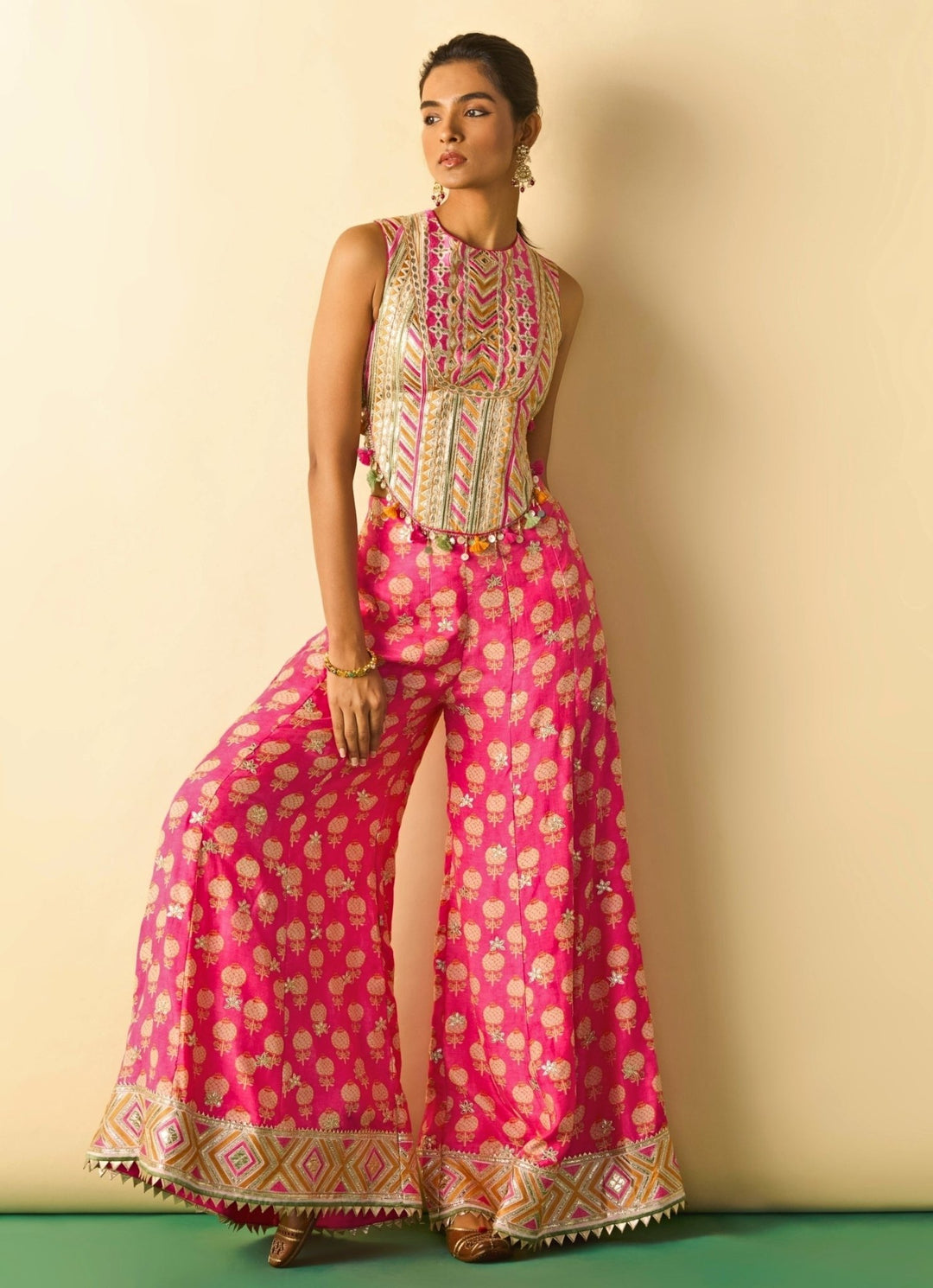 Gopi Vaid Pink Printed Cotton Silk Corset Pants SetFabilicious Fashion