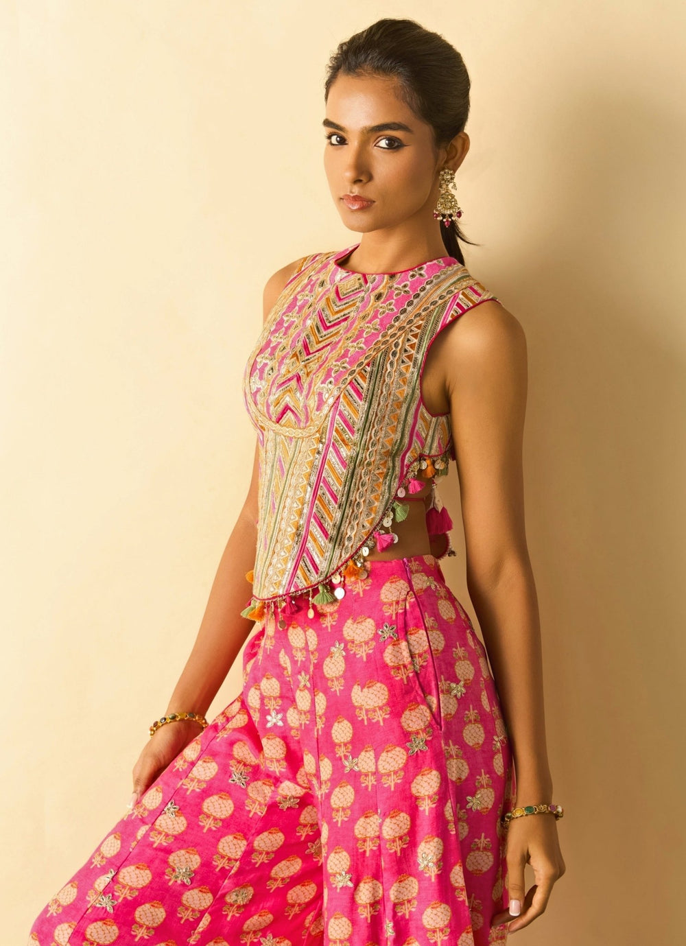 Gopi Vaid Pink Printed Cotton Silk Corset Pants SetFabilicious Fashion