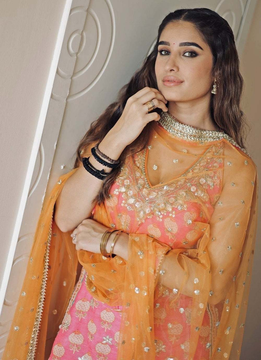Gopi Vaid Pink Printed Cotton Silk Halter Kurta Sharara Set With Orange DupattaFabilicious Fashion