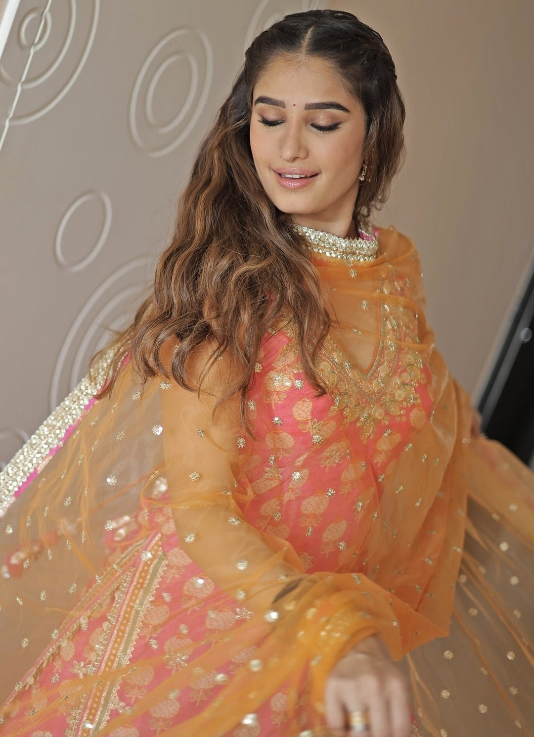 Gopi Vaid Pink Printed Cotton Silk Halter Kurta Sharara Set With Orange DupattaFabilicious Fashion