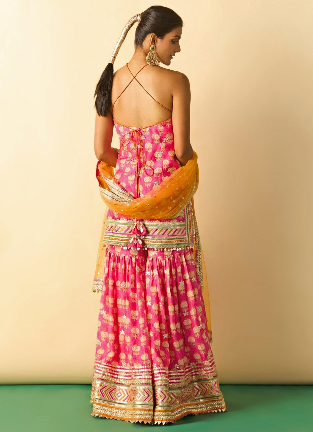 Gopi Vaid Pink Printed Cotton Silk Halter Kurta Sharara Set With Orange DupattaFabilicious Fashion