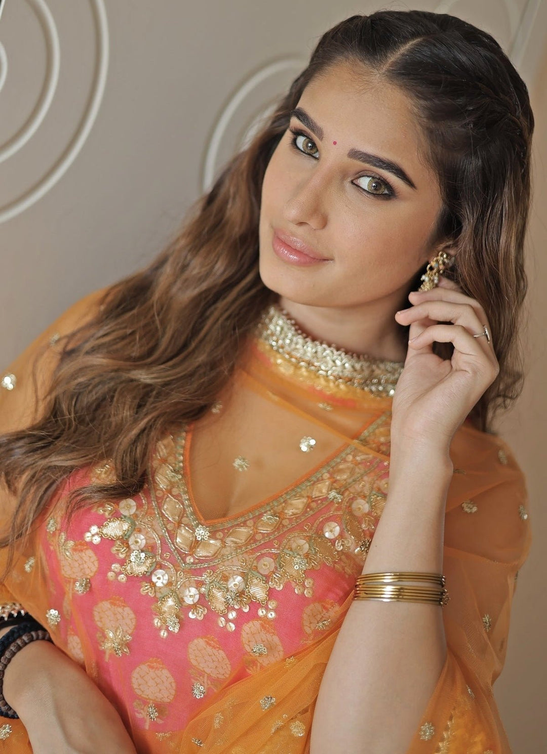 Gopi Vaid Pink Printed Cotton Silk Halter Kurta Sharara Set With Orange DupattaFabilicious Fashion