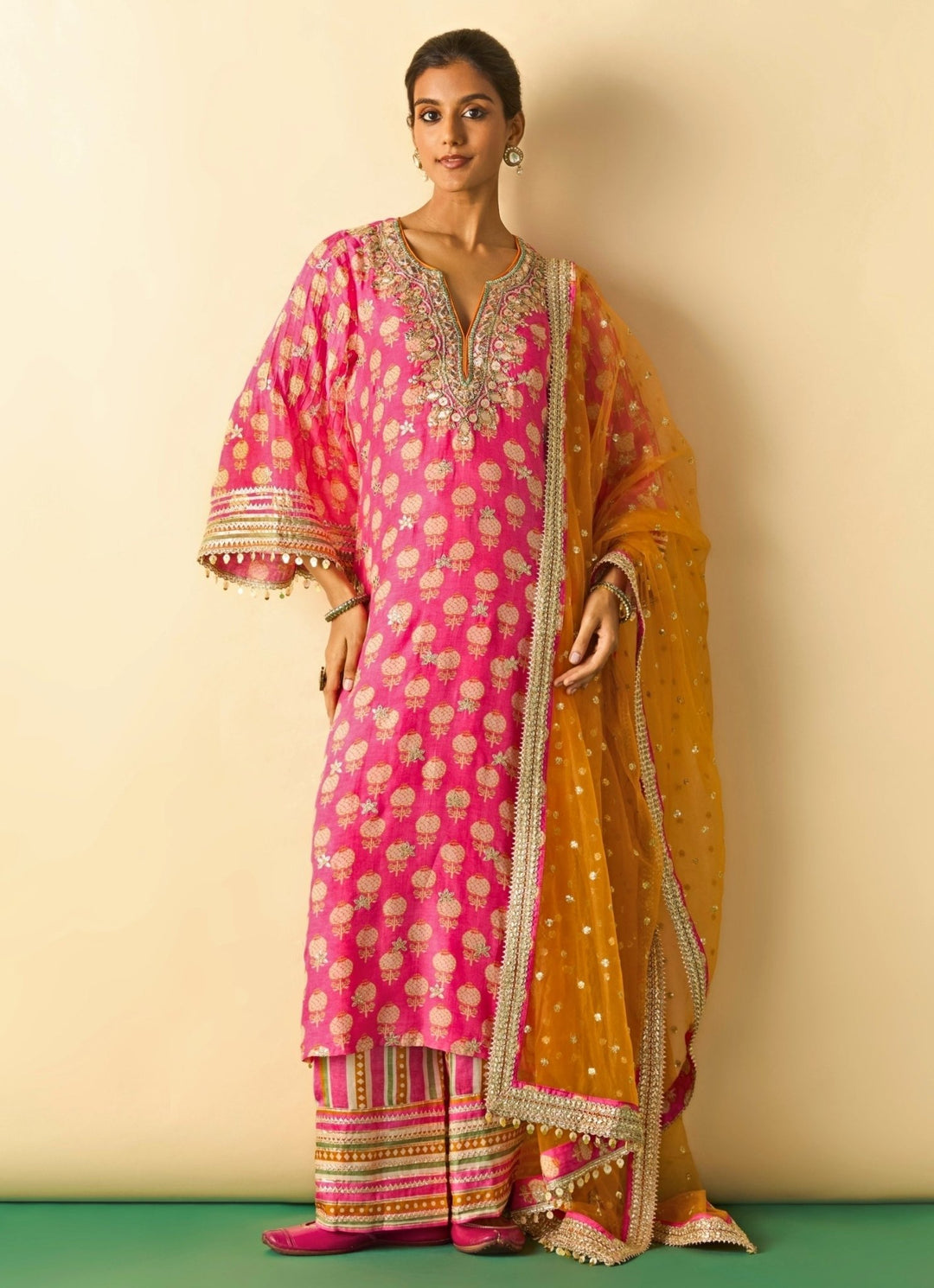 Gopi Vaid Pink Printed Cotton Silk Kurta Pants Set With Orange DupattaFabilicious Fashion