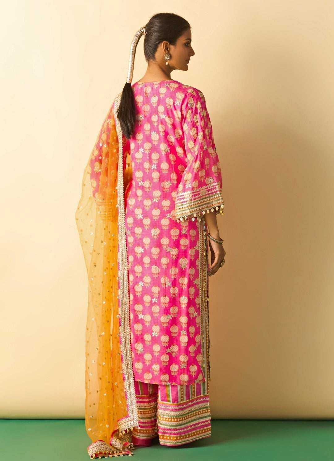 Gopi Vaid Pink Printed Cotton Silk Kurta Pants Set With Orange DupattaFabilicious Fashion