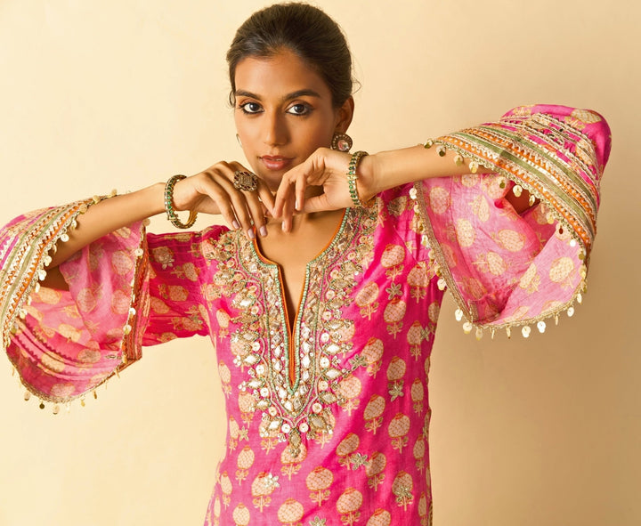 Gopi Vaid Pink Printed Cotton Silk Kurta Pants Set With Orange DupattaFabilicious Fashion