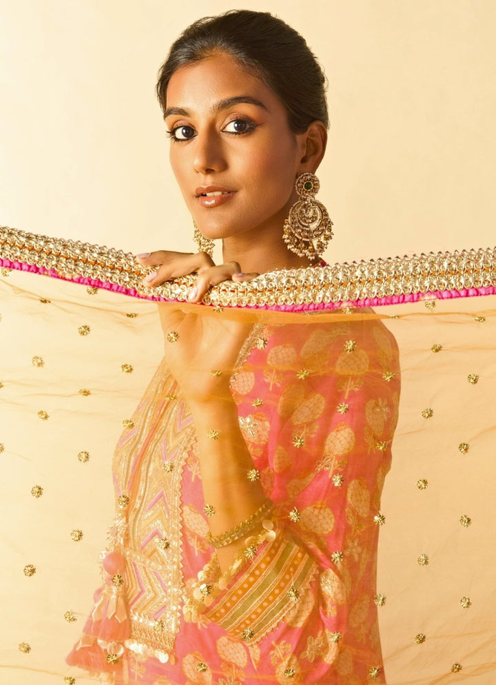 Gopi Vaid Pink Printed Cotton Silk Kurta Sharara Set With Orange DupattaFabilicious Fashion