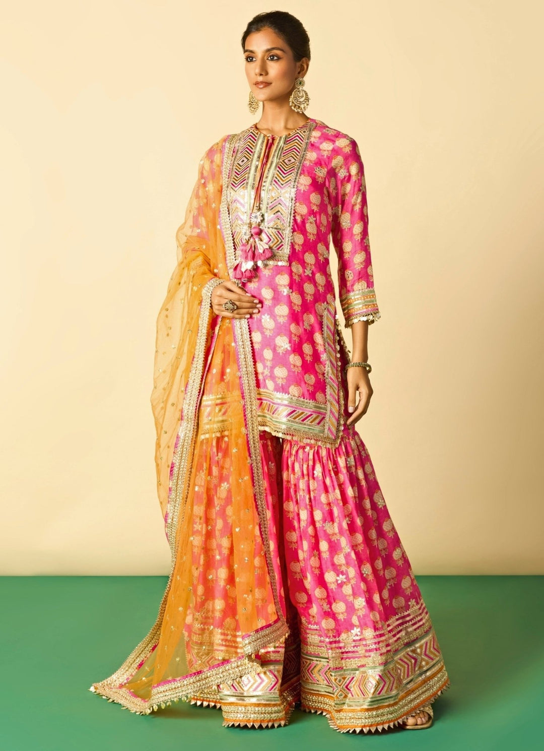 Gopi Vaid Pink Printed Cotton Silk Kurta Sharara Set With Orange DupattaFabilicious Fashion
