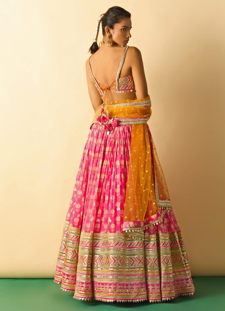 Gopi Vaid Pink Printed Cotton Silk Lehenga Set With Orange DupattaFabilicious Fashion